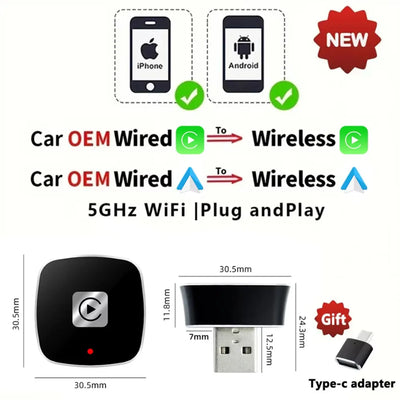 Wireless 2 in1 Carplay Adapter for Android iPhone Auto Wired to Wireless AI Box USB Connection For Volvo Benz Mg Kia Chery VW - LKBA