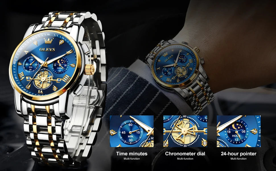 OLEVS 2856 Quartz Watch for Men Flywheel Skeleton Chronograph Moon Phase Multifunctional Stainless steel Men's Wristwatches - LKBA