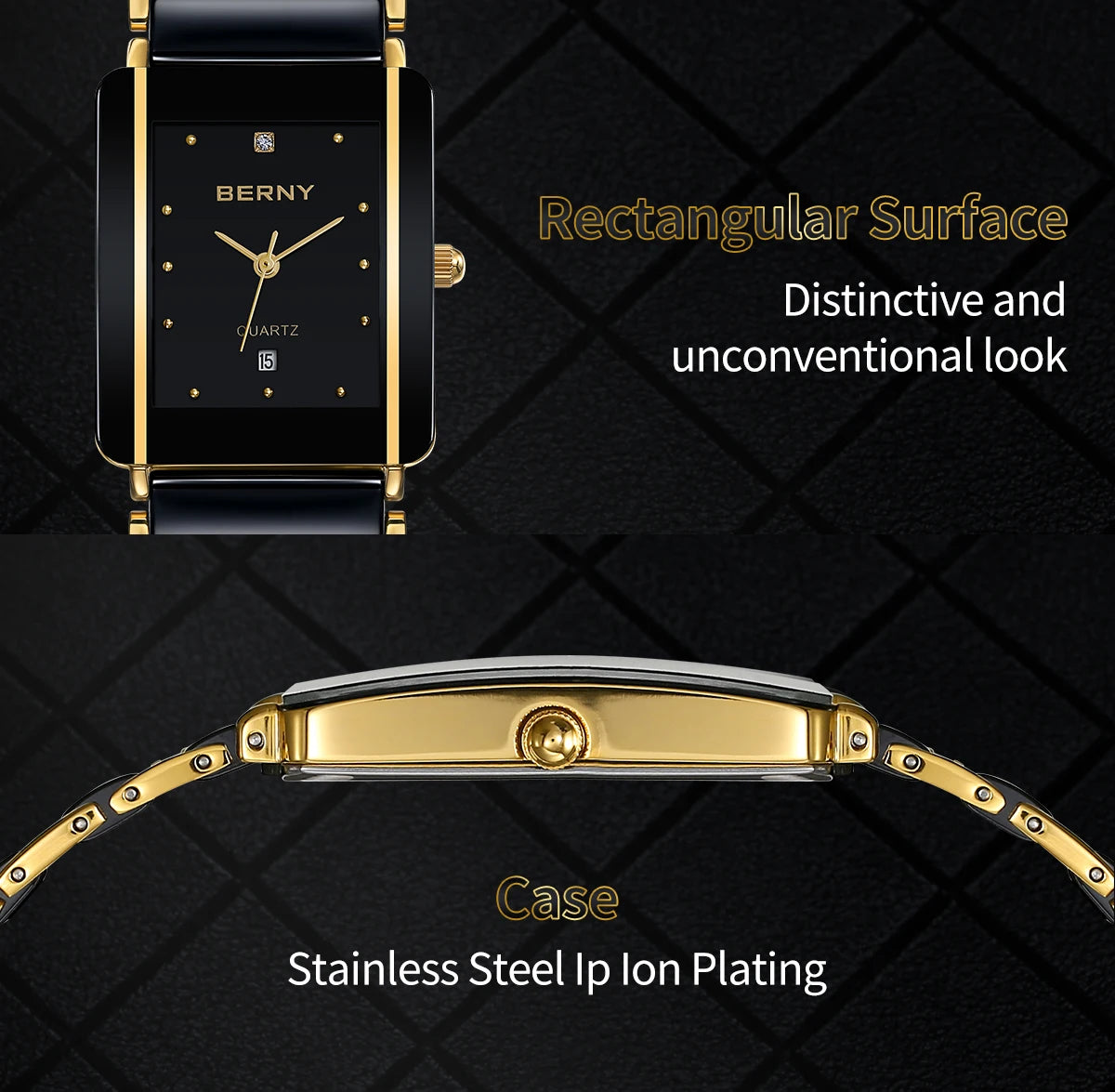 BERNY Ceramic Quartz Men Watch Fashion Luxury Rectangle Wristwatch XV12 Waterproof Calendar Diamon Black Gold Couple Gifts Watch - LKBA