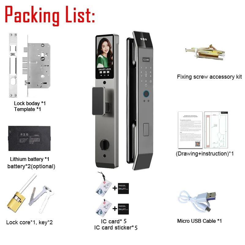 Tuya APP Smart Life APP Control Voice Intercom Smart Lock 3D Face Recognition Fingerprint Password Smart Door Lock with Camera - LKBA