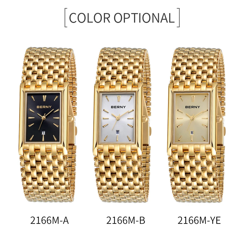 BERNY Gold Watch for Couple Luxury Women/Men Wristwatch Waterproof Golden Clock Quartz Stainless Steel Fashion Men Ladies Watch - LKBA