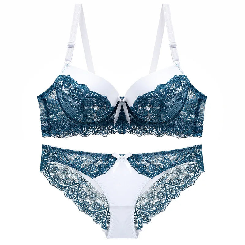 New Style Sexy Women Bra Set Lace Thin Cup B C Underwired Underwear Small Chest Gathering Push Up Lingerie Breast Bra Thong - LKBA