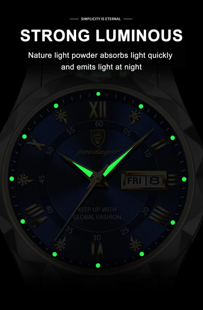 POEDAGAR Top Brand Luxury Men's Watches Waterproof Luminous Calendar Week Watch For Man Casual Stainless Steel Quartz Men Watch - LKBA