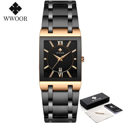 WWOOR Brand Luxury Gold Bracelet Men's Watches Fashion Square Quartz Wrist Watch For Men Stainless Steel Waterproof Reloj Hombre