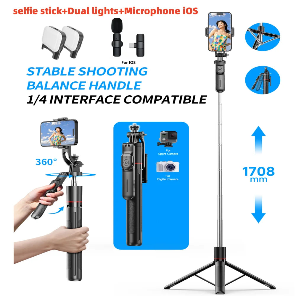 Selfie Stick Tripod with 1708mm Long Monopod Fill Light, Bluetooth Remote, 360° Rotation - LKBA