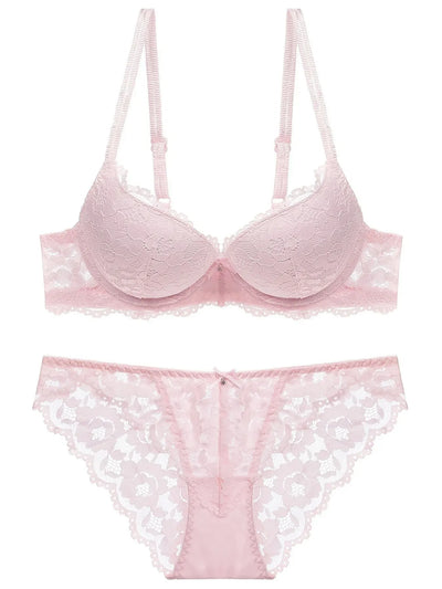 1 Set Elegant Lace Embroidery Breathable Fabric Lingerie Set Push-Up Bra Drop Waist Sheer Panty - Ultimate Valentine's Day - LKBA