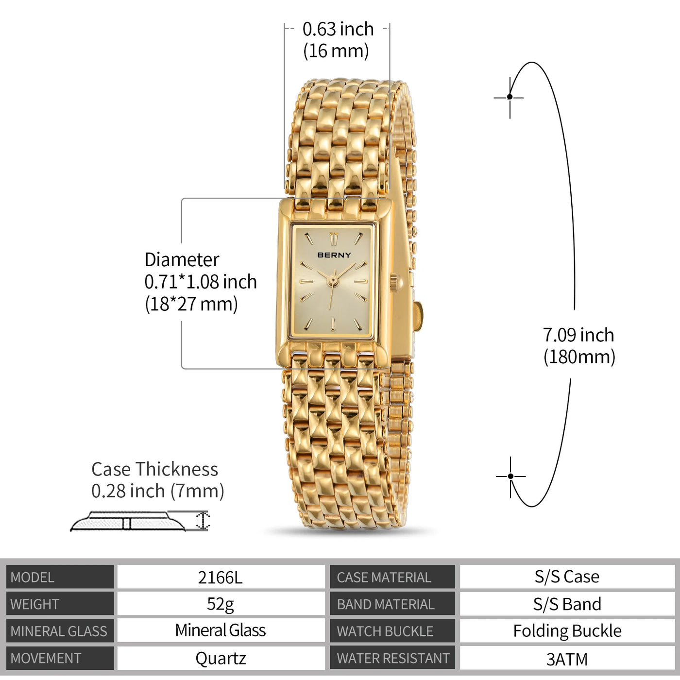 BERNY Gold Watch for Couple Luxury Women/Men Wristwatch Waterproof Golden Clock Quartz Stainless Steel Fashion Men Ladies Watch - LKBA