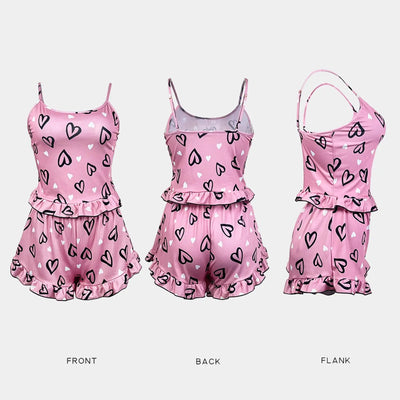 Womens' Summer Ice Silk Pink Printed Love Pajama Sexy Strap Shorts Home Clothes Set - LKBA