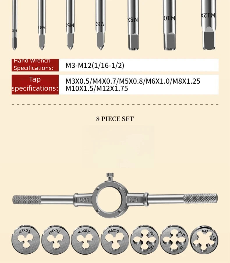 Hand Tap and Die Set with Handle for Thread Repair Rethreading Screws Combination Tool Kit Manual Socket Wrench Thread Repair - LKBA