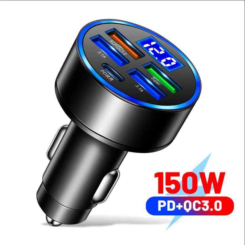 250W PD Car Charger QC3.0 Fast Charge two to Six Port Car Cigarette Lighter Plug Car Charger Flash Charge with Digital Display - LKBA