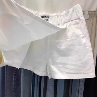 High-Waisted Cotton Mini Dress Plus Size Two-Piece Illusion Pants Skirt Slimming A- Line Half Body For Women Spring Summer White - LKBA