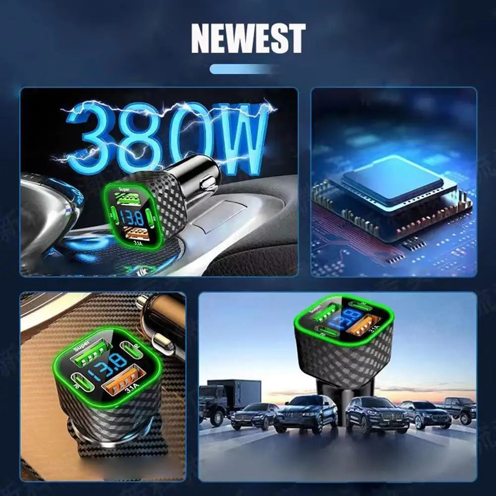 380W USB C Car Phone Charger Dual PD USB Charger With Voltage Display Super Fast Charge Adapter For IPhone Oppo - LKBA