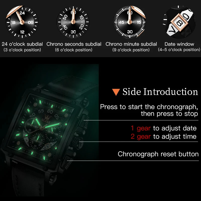 OLEVS Top Brand Male Watches Square Quartz Watch Watch For Men Waterproof Leather Strap Sport Clock Male Relogio Masculino - LKBA