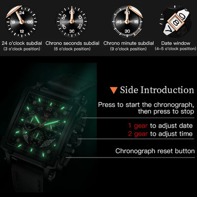 OLEVS Top Brand Male Watches Square Quartz Watch Watch For Men Waterproof Leather Strap Sport Clock Male Relogio Masculino - LKBA