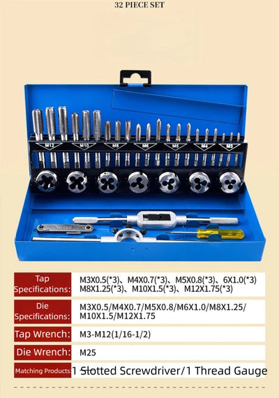 Hand Tap and Die Set with Handle for Thread Repair Rethreading Screws Combination Tool Kit Manual Socket Wrench Thread Repair - LKBA