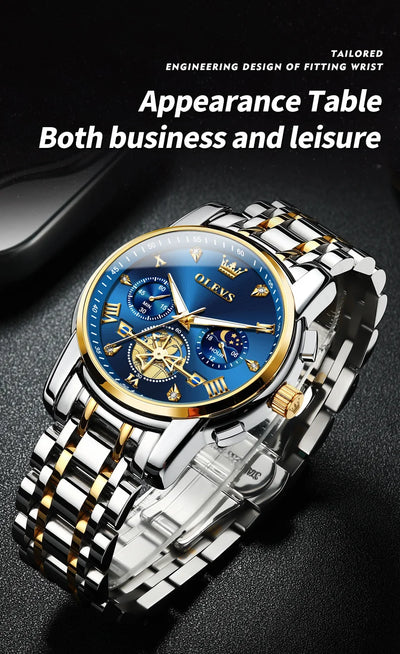 OLEVS 2856 Quartz Watch for Men Flywheel Skeleton Chronograph Moon Phase Multifunctional Stainless steel Men's Wristwatches - LKBA