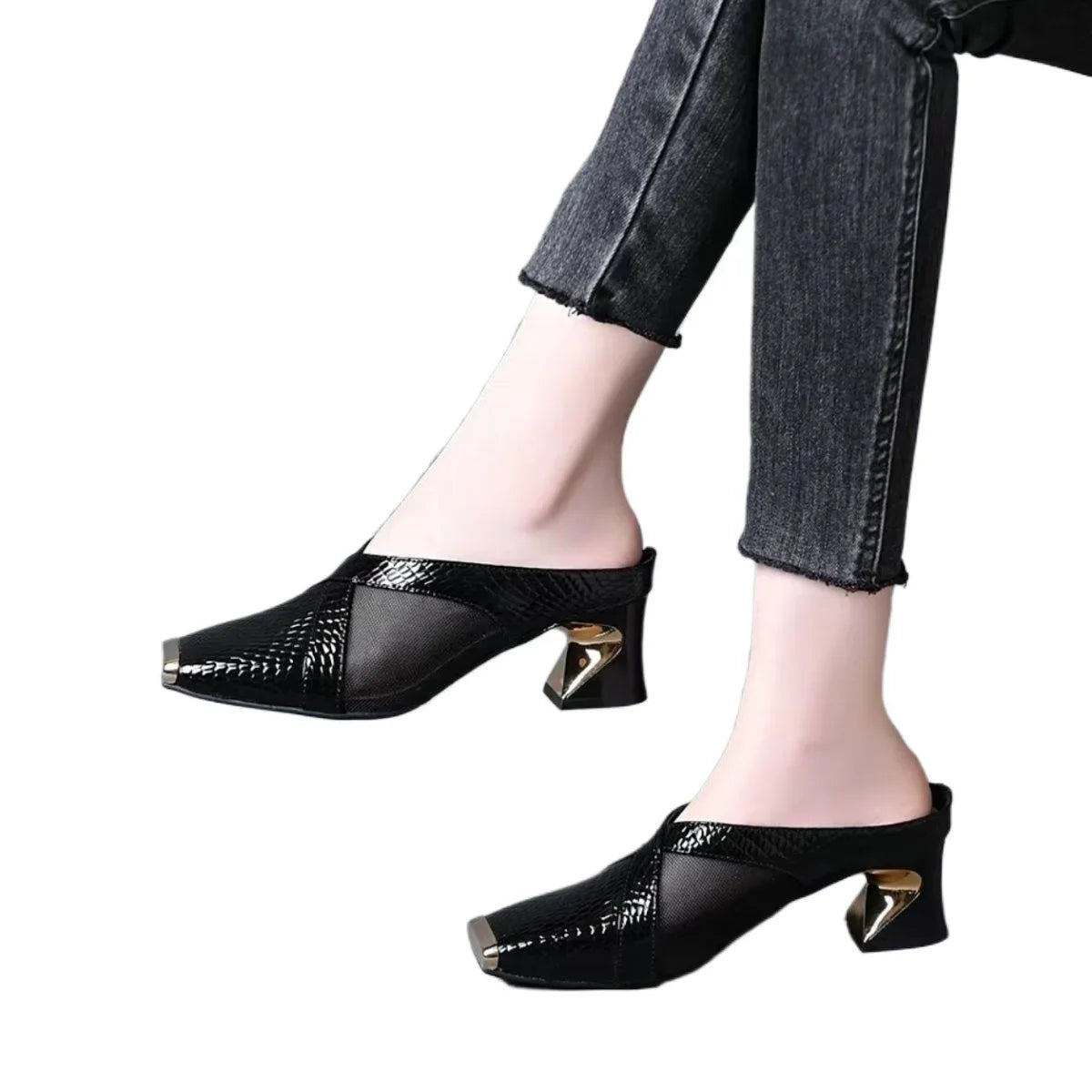 2025 New Women's Fashion Iron Head Thick Heel High Heel Half Slippers Summer Outdoor Wear Rubber Upper Foot Cover Shoes - LKBA