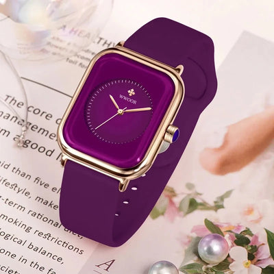 WWOOR Luxury Brand Watches For Women Fashion Square Purple Ladies Quartz Wristwatch Waterproof Silicone Band Relogio Feminino - LKBA