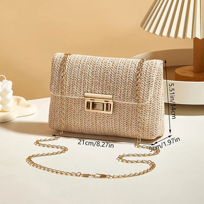Fashion Straw Women Chain Shoulder Bag Woven High-Capacity Buckle Closure Clutch Handmade - LKBA