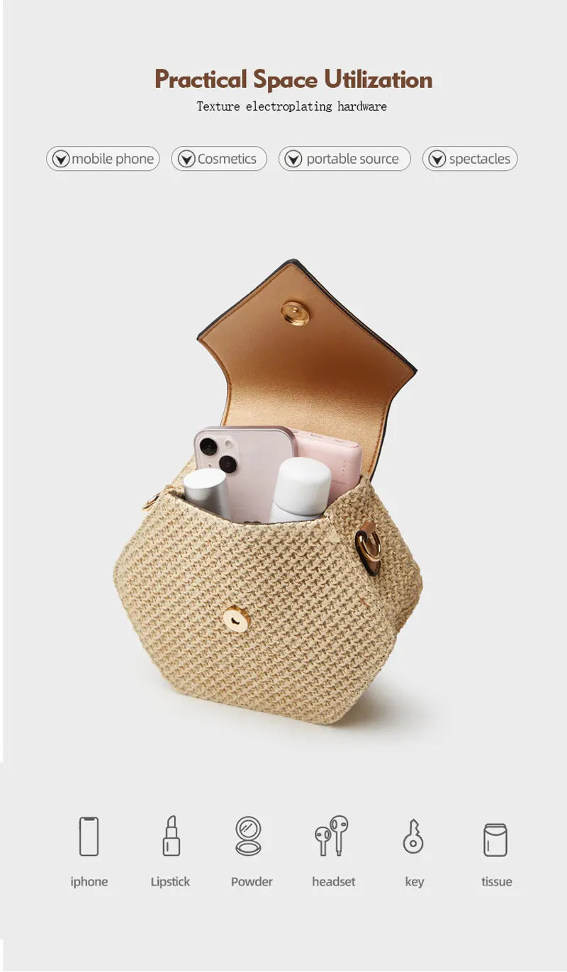 Shape Straw PU Leather Handbag Women Summer Rattan Bag Handmade Woven Beach Bohemia Chain Strap Shoulder - LKBA