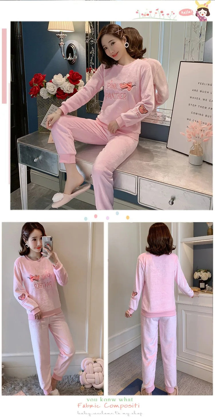 Thickened Warm Flannel Autumn and Winter Pajamas Loungewear Female Cute Cartoon Sleepwear Homewear Coral Velvet Nightwear - LKBA
