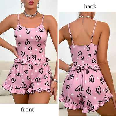 Womens' Summer Ice Silk Pink Printed Love Pajama Sexy Strap Shorts Home Clothes Set - LKBA