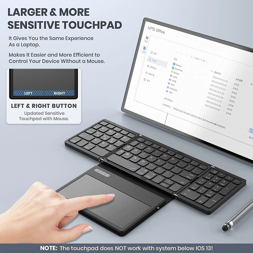 Bluetooth Foldable Keyboard With Touchpad Rechargeable Folding Keyboard with Large Touchpad Tri-Folding Ultra Slim Keyboard - LKBA