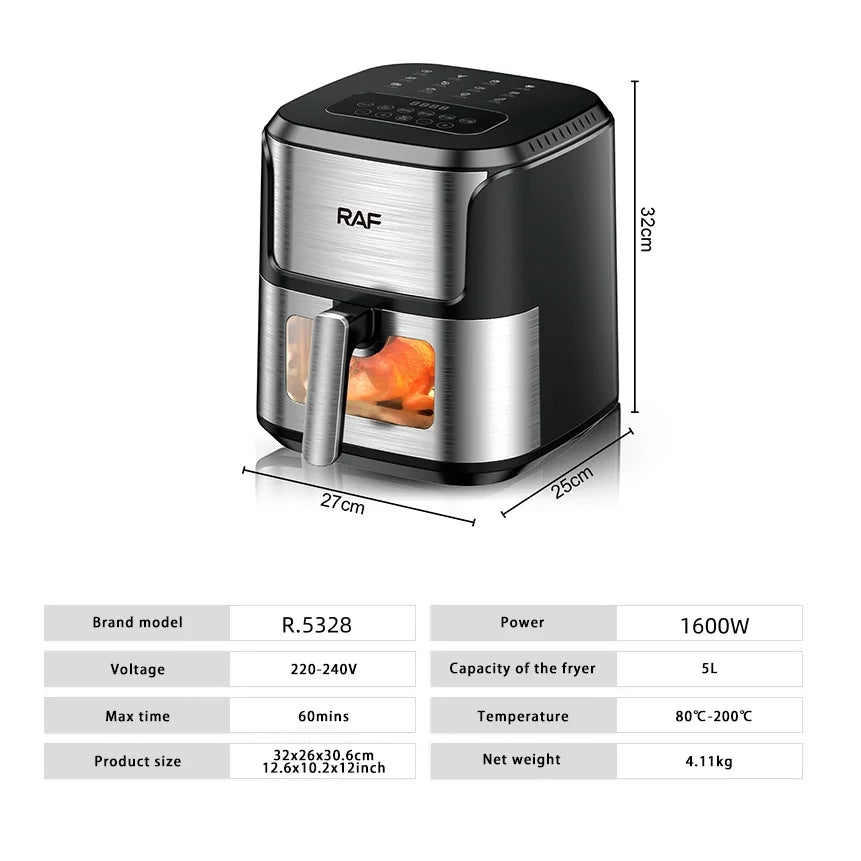 Air Fryer 5L, Electric Hot Air Fryer Oven Cooker with Touch Control & Nonstick Basket & Visible Window - LKBA