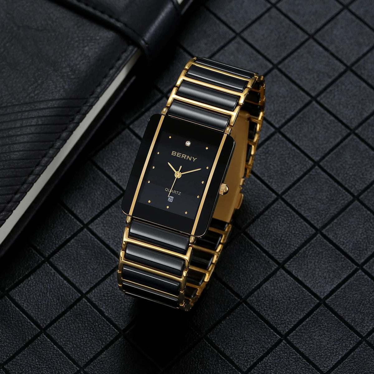 BERNY Ceramic Quartz Men Watch Fashion Luxury Rectangle Wristwatch XV12 Waterproof Calendar Diamon Black Gold Couple Gifts Watch - LKBA