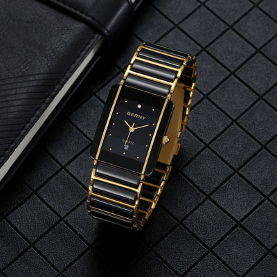BERNY Ceramic Quartz Men Watch Fashion Luxury Rectangle Wristwatch XV12 Waterproof Calendar Diamon Black Gold Couple Gifts Watch - LKBA