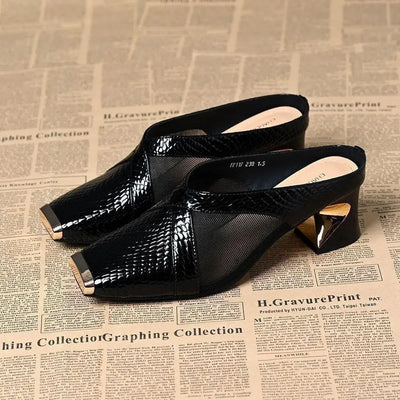 2025 New Women's Fashion Iron Head Thick Heel High Heel Half Slippers Summer Outdoor Wear Rubber Upper Foot Cover Shoes - LKBA