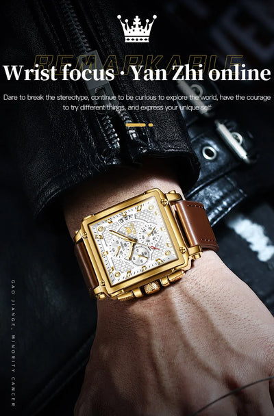 OLEVS Luxury Classic Men's Watches Top Brand Original Quartz Square Quartz Watch for Man Leather Strap Waterproof Luminous Date - LKBA