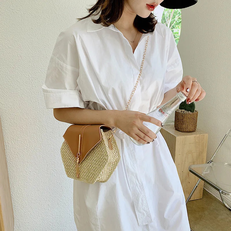 Shape Straw PU Leather Handbag Women Summer Rattan Bag Handmade Woven Beach Bohemia Chain Strap Shoulder - LKBA