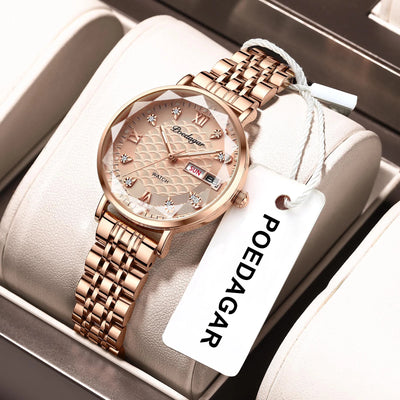 POEDAGAR Watch Women New Fashion Luxury Stainless Steel Wristwatch Bracelet Simple Rose Gold Waterproof Luminous Ladies Watches - LKBA