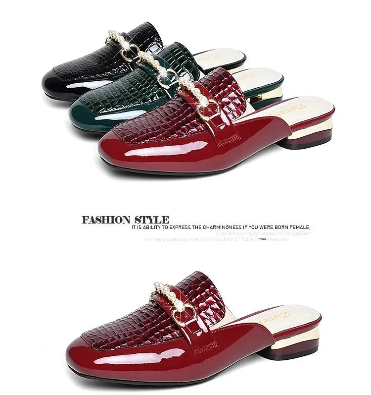 Summer New Pearl Painted Leather Low Heel Women's Slippers High Quality Flat Bottom Half Slippers Comfortable Fashionable - LKBA