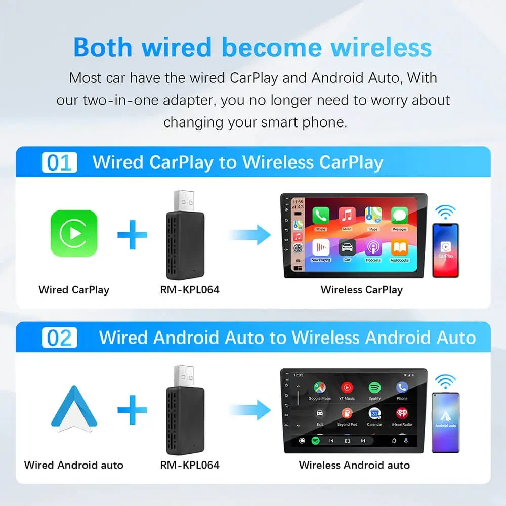 Wireless Carplay Adapter Android Auto Wireless Smart Dongle 2in1 For Volvo Benz Audi Kia Hyundai VW Mazda Cadillac MG Peugeot - LKBA