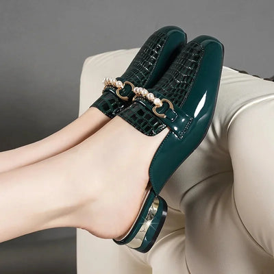 Summer New Pearl Painted Leather Low Heel Women's Slippers High Quality Flat Bottom Half Slippers Comfortable Fashionable