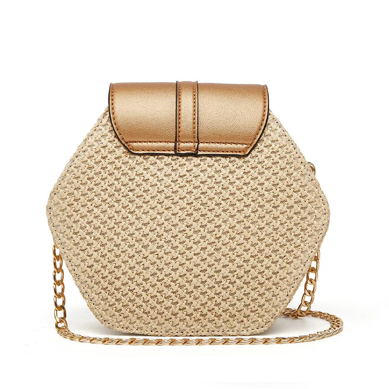 Shape Straw PU Leather Handbag Women Summer Rattan Bag Handmade Woven Beach Bohemia Chain Strap Shoulder - LKBA