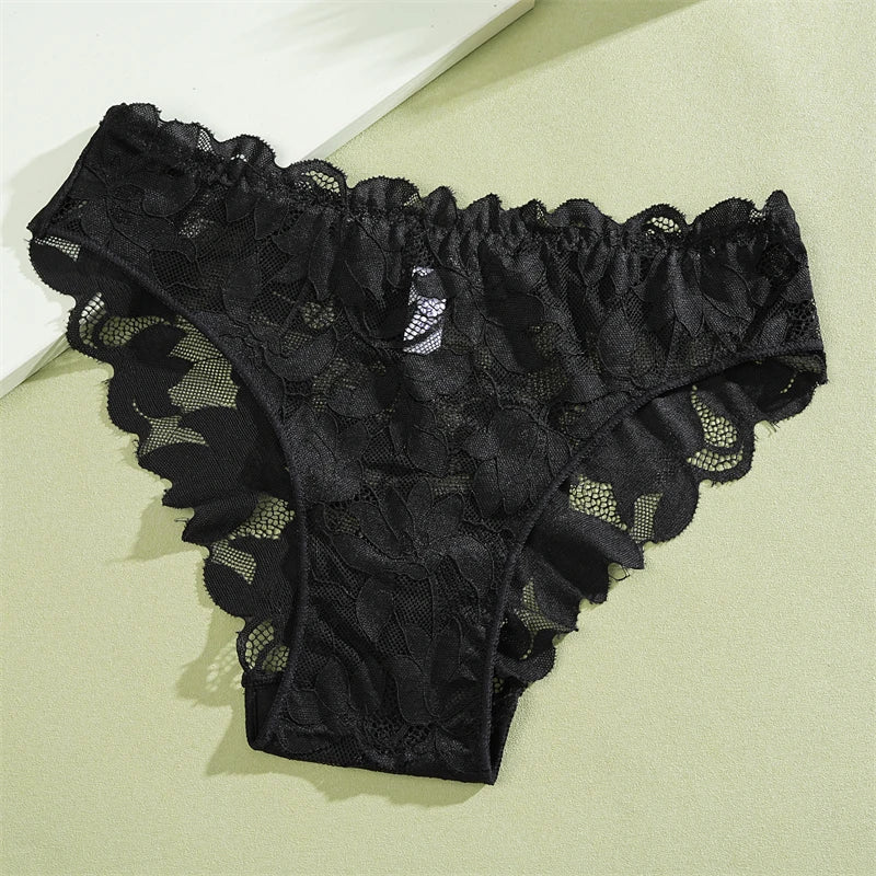 2Pcs Women's Satin Floral Lace Underwear Sexy Hollow Out Panties Solid Low-Waist Perspective Briefs Girls Soft Lingerie - LKBA