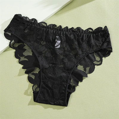 2Pcs Women's Satin Floral Lace Underwear Sexy Hollow Out Panties Solid Low-Waist Perspective Briefs Girls Soft Lingerie - LKBA