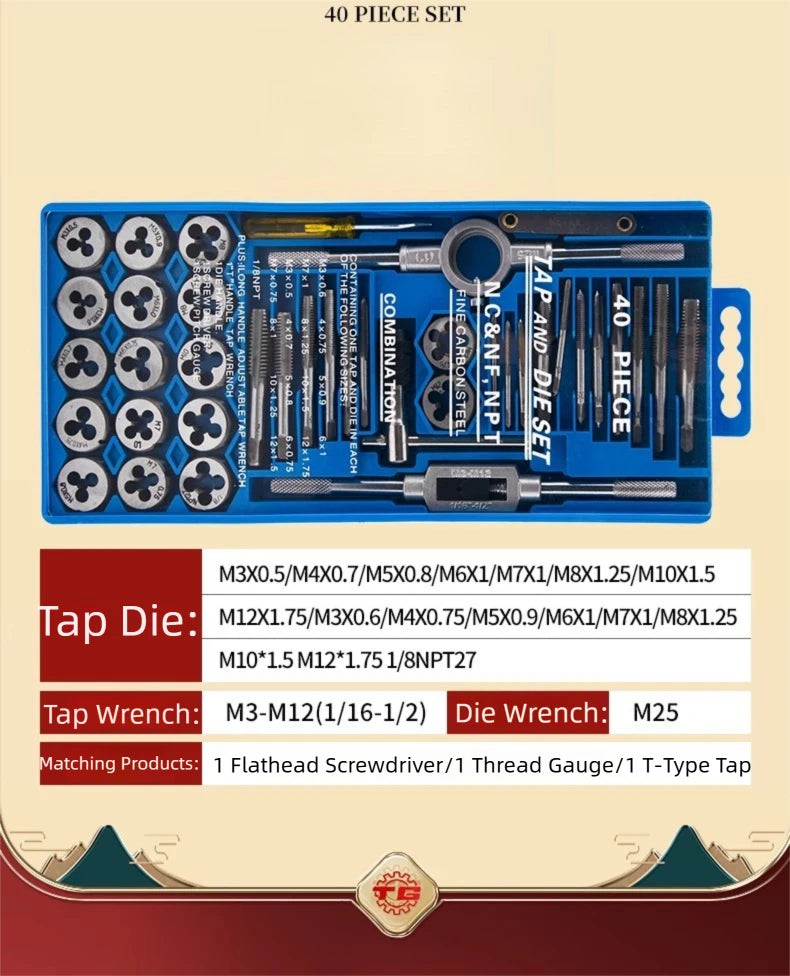 Hand Tap and Die Set with Handle for Thread Repair Rethreading Screws Combination Tool Kit Manual Socket Wrench Thread Repair - LKBA