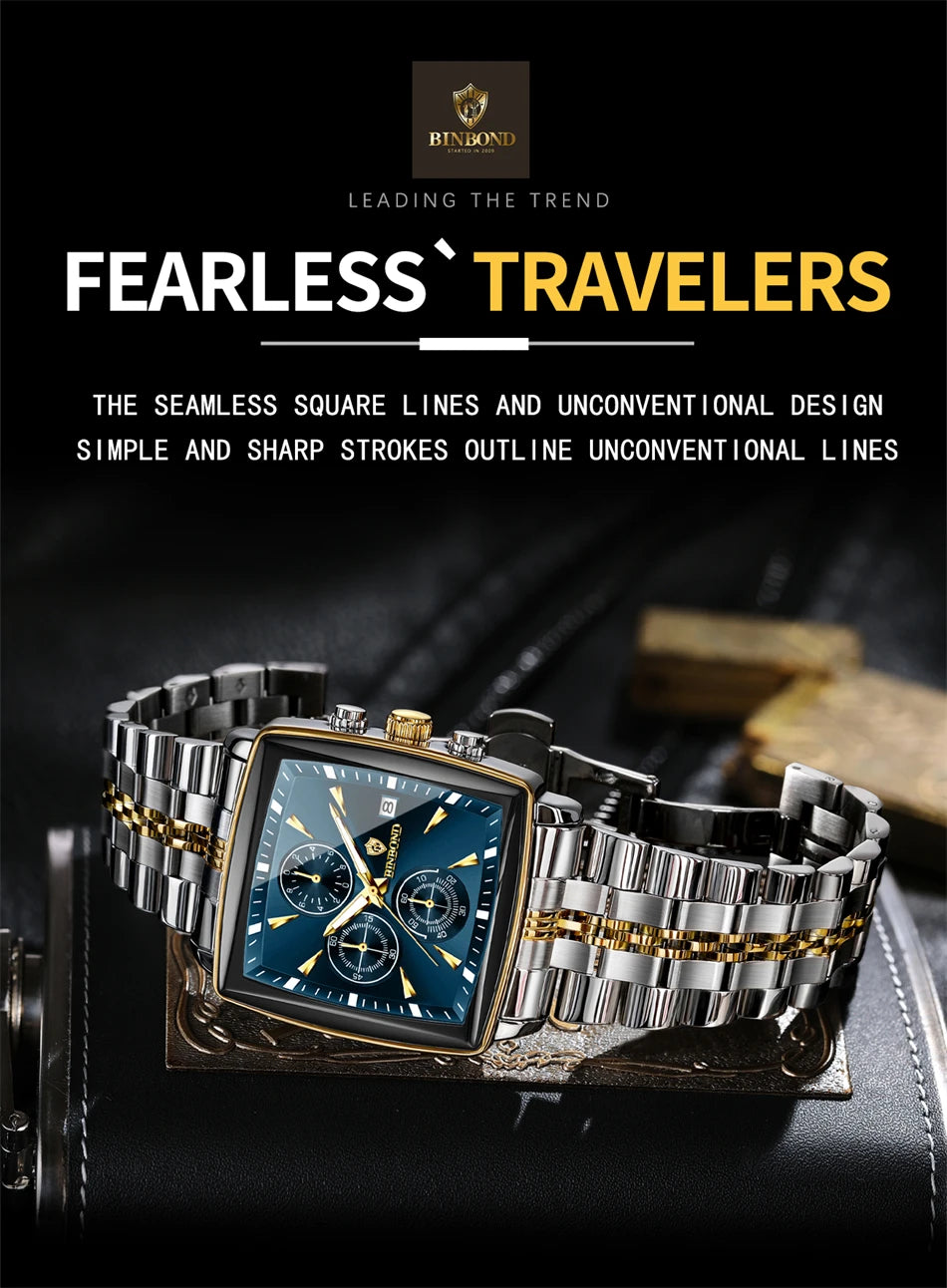 BINBOND Luxury Square Sport Man Wristwatch Waterproof Luminous Chronograph Quartz Men's Watches Stainless Steel Men Watch Reloj - LKBA