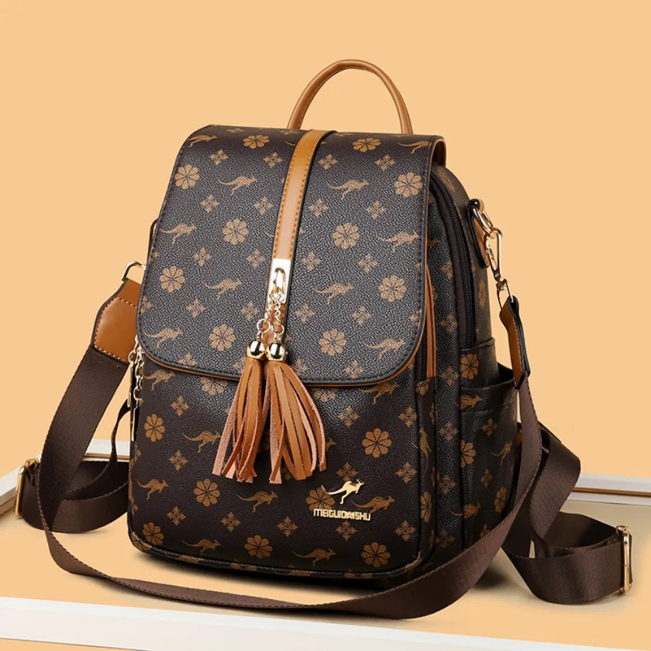 Ladies Backpack Designer High Quality Leather Women Bag Luxury Fashion Printing Tassel School Bags Large Capacity Backpacks Sac - LKBA