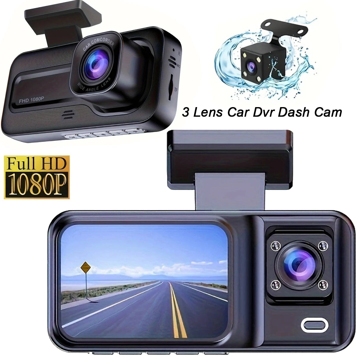 Dash Cam for Cars 3 Channel Car DVR 1080P Camera Video Recorder Front and Rear Inside View Camera for Vehicle Three Way Dashcam - LKBA