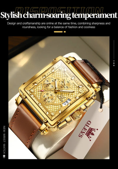 OLEVS Luxury Classic Men's Watches Top Brand Original Quartz Square Quartz Watch for Man Leather Strap Waterproof Luminous Date - LKBA