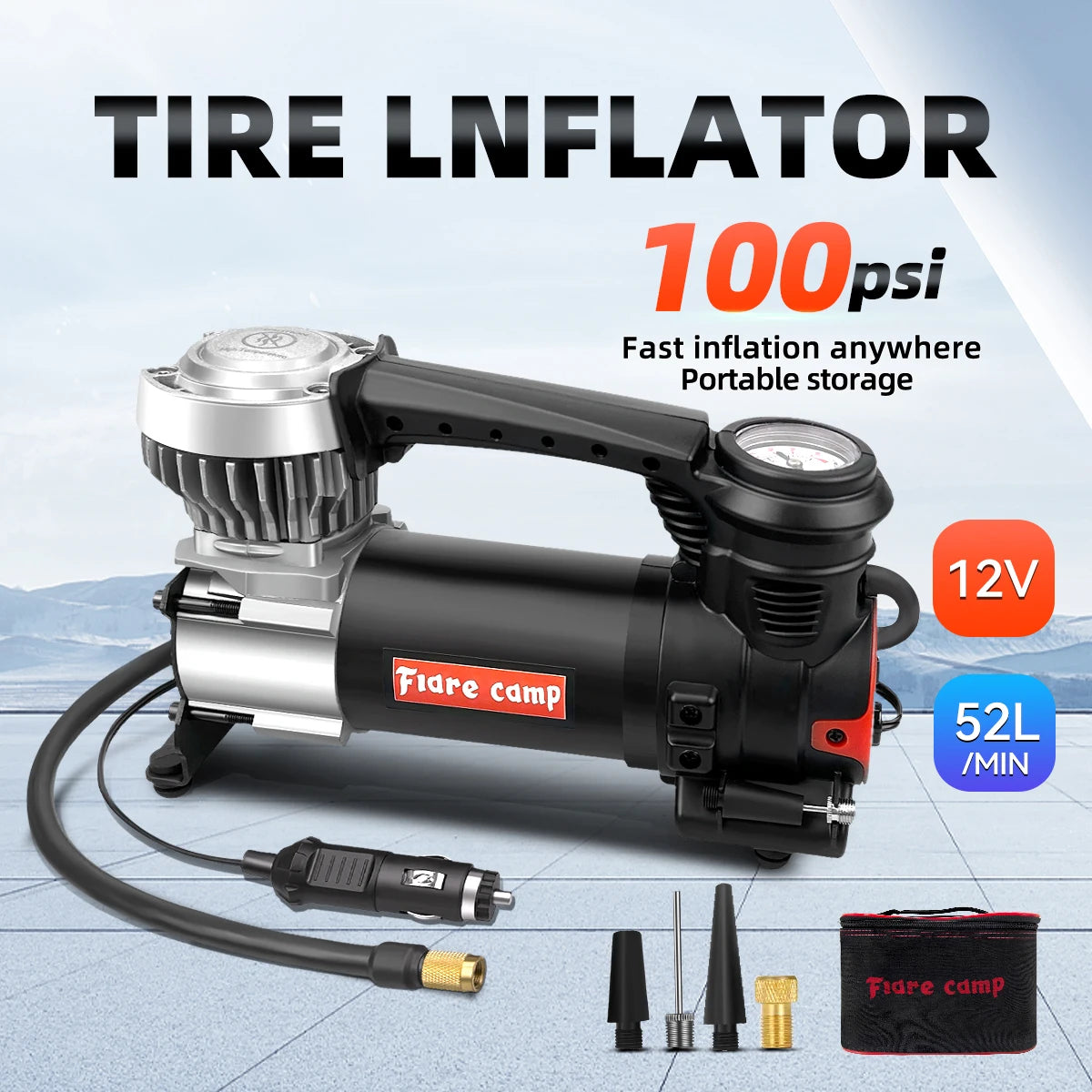 Tire Inflator Portable Air Compressor for Car, Truck & SUV 12V On/Offroad Tire Pump 100 PSI, Cigarette Plug, Twist Chuck T100 - LKBA