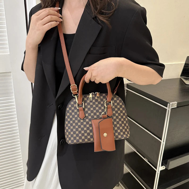 Luxury Shell Fashion Women's Handbag Simple Shoulder Bag Plaid Print Crossbody Bag with Mini Purse - LKBA