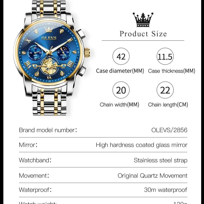 OLEVS 2856 Quartz Watch for Men Flywheel Skeleton Chronograph Moon Phase Multifunctional Stainless steel Men's Wristwatches - LKBA
