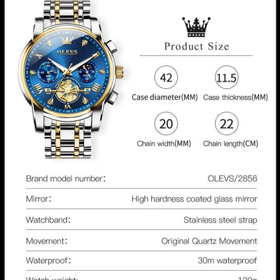 OLEVS 2856 Quartz Watch for Men Flywheel Skeleton Chronograph Moon Phase Multifunctional Stainless steel Men's Wristwatches - LKBA