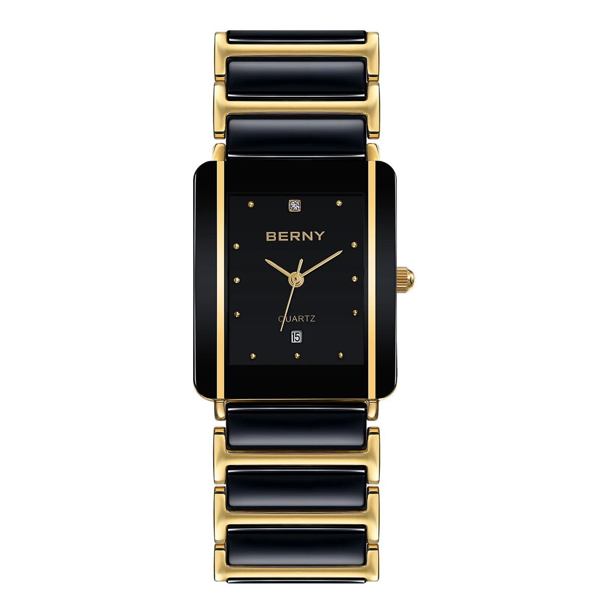 BERNY Ceramic Quartz Men Watch Fashion Luxury Rectangle Wristwatch XV12 Waterproof Calendar Diamon Black Gold Couple Gifts Watch - LKBA